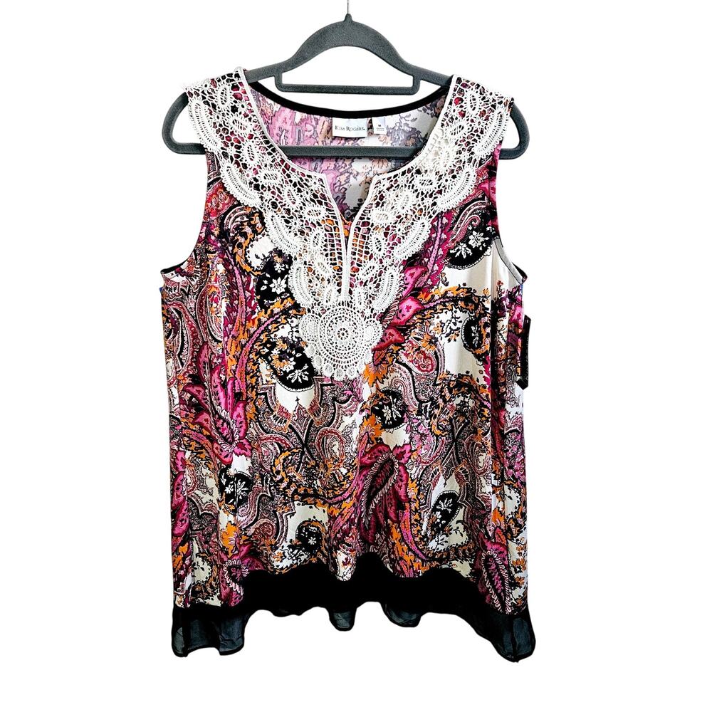 Kim Rogers Women's M Sleeveless Paisley Blouse Fushia Brown Cream Lace Neck New